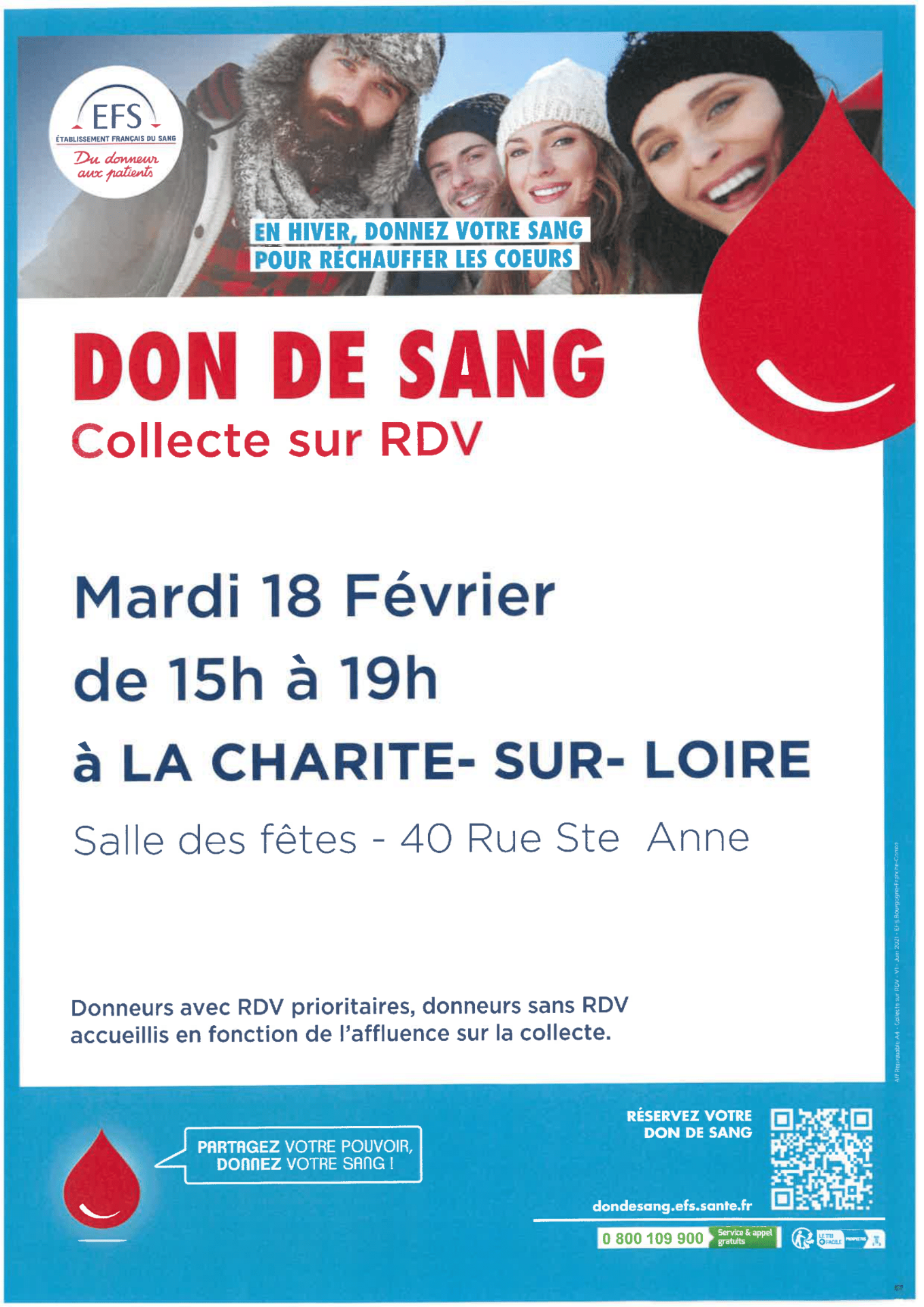 Don du sang 18 février 2025, de 15h à 19h, à la salle des fêtes de La Charité-sur-Loire