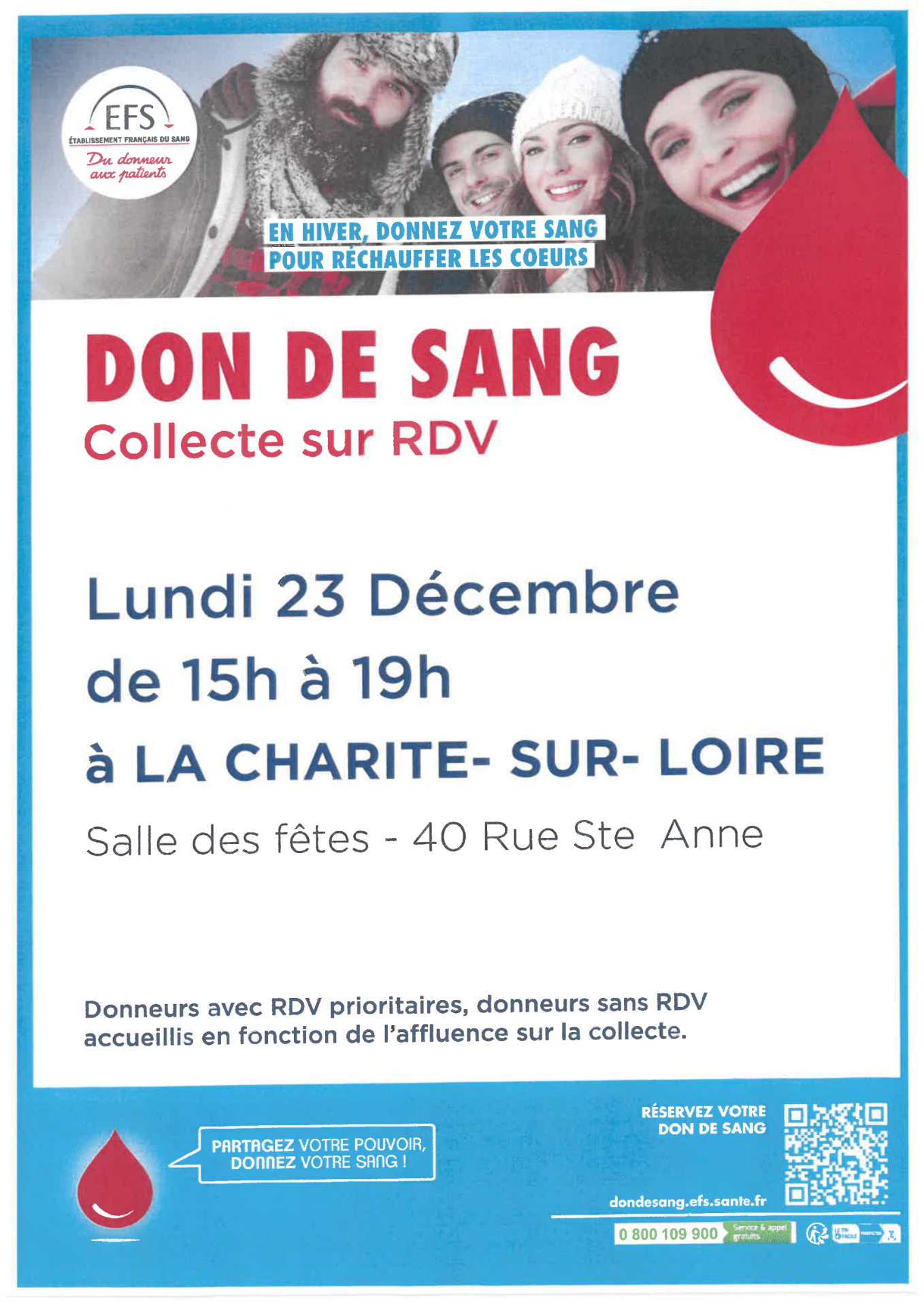 Don du sang lundi 23 décembre à salle des fêtes de La Charité-sur-Loire